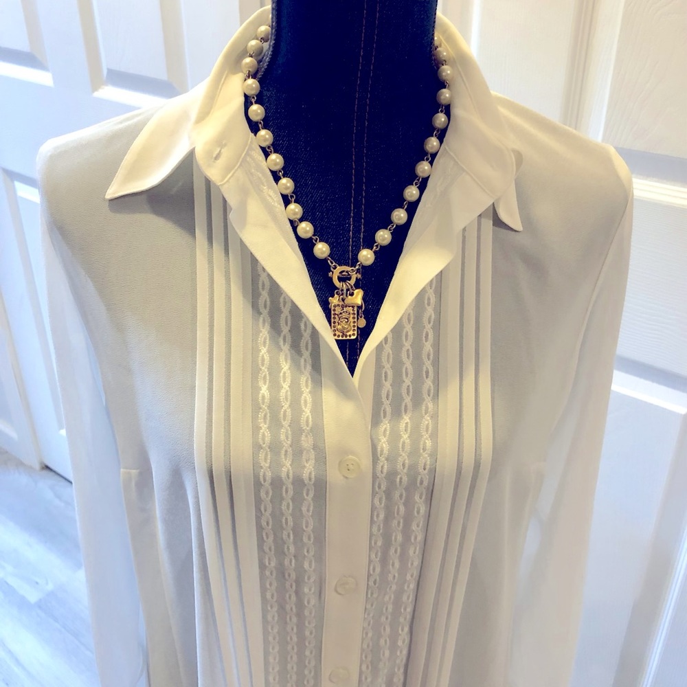 New cabi Playwright Blouse Sheer with delicate details throughout. Size M